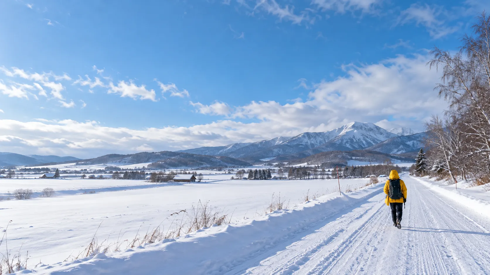 北海道雪地鄉間小路，一位穿黃色外套的旅人正向前走